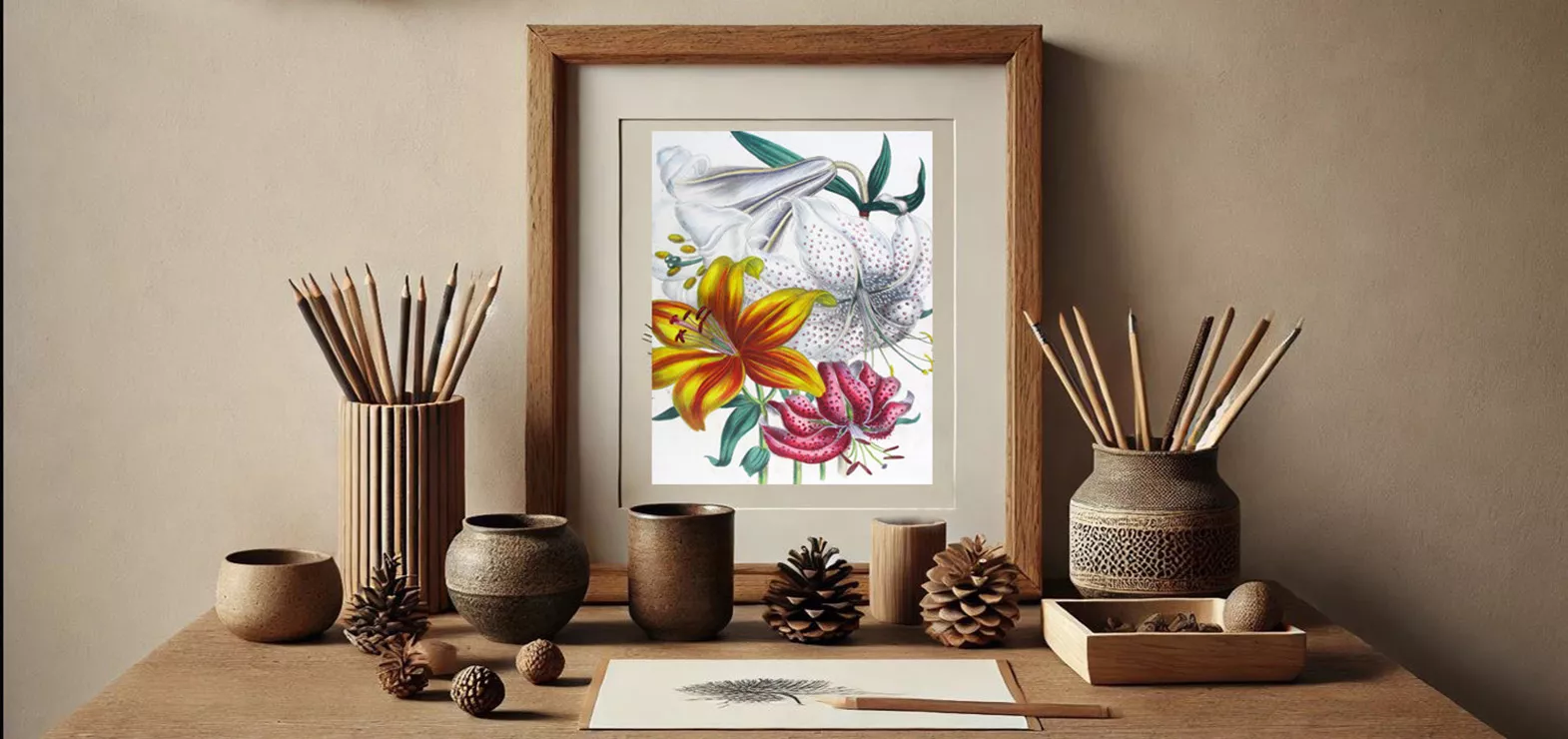 FRAMED ANTIQUE HAND COLORED BOTANICAL PRINT IN A WABI SABI DESIGN APARTMENT