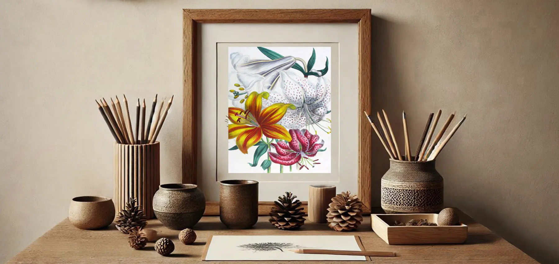 FRAMED ANTIQUE HAND COLORED BOTANICAL PRINT IN A WABI SABI DESIGN APARTMENT