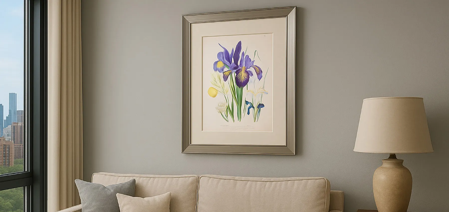 FRAMED ANTIQUE HAND COLORED BOTANICAL PRINT IN A MANHATTAN APARTMENT